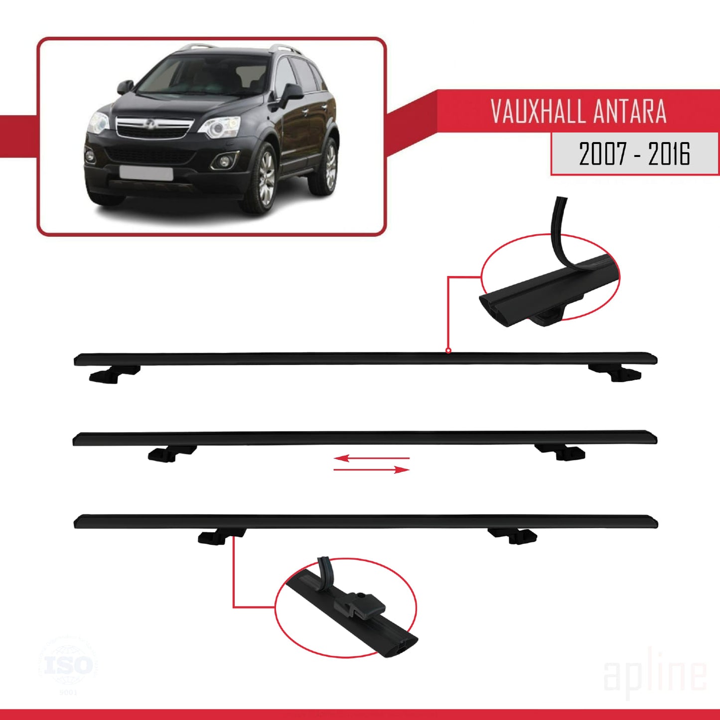 Compatible avec Vauxhall Antara 2007-2016 BASIC Model Barres de Toit Railing Porte-Bagages de Voiture Noir Aluminium 3 Barres