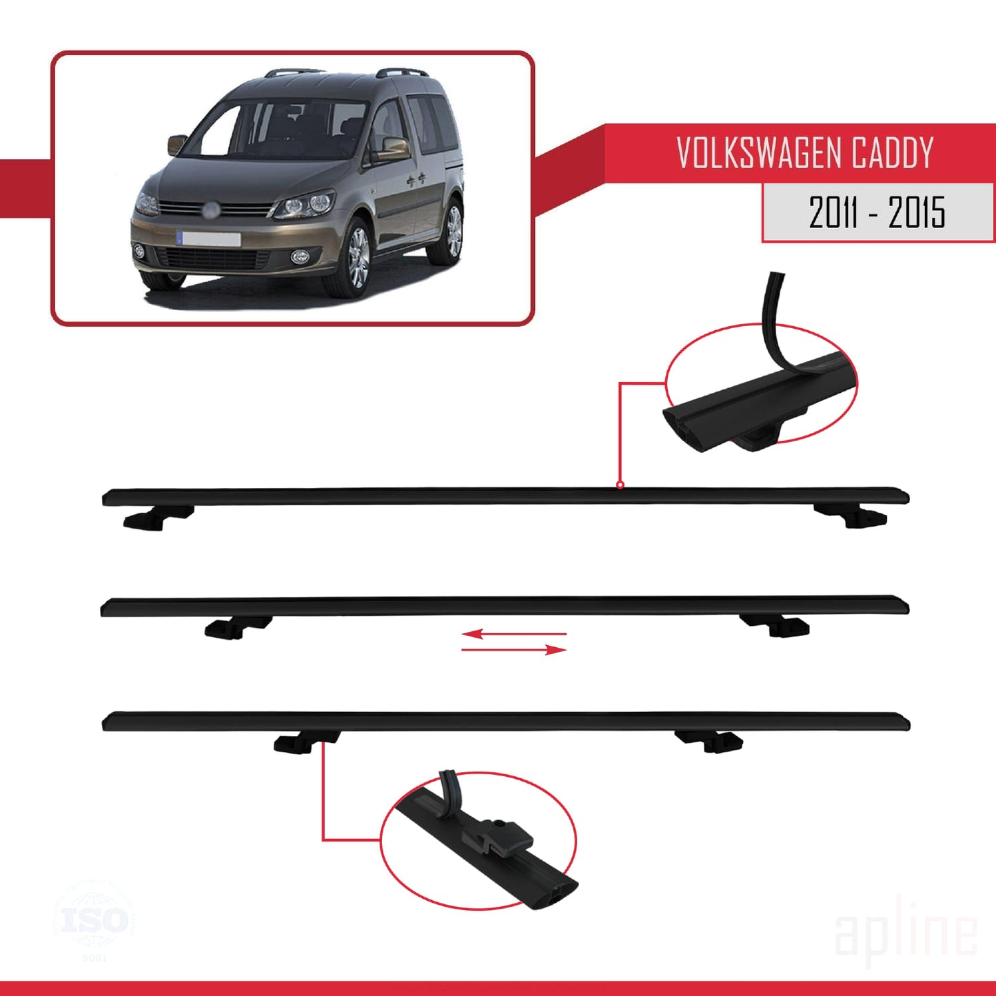 Compatible avec Volkswagen Caddy 3 (2K) 2011-2015 BASIC Model Barres de Toit Railing Porte-Bagages de Voiture Noir Aluminium 4 Barres