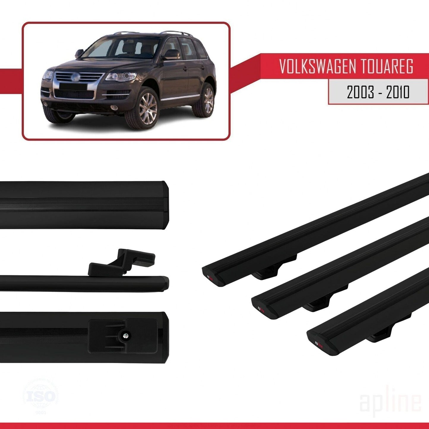Compatible with Volkswagen Touareg (7L) 2002-2010 BASIC Model Car Roof Rack Cross Bar Black Aluminium 3 Bars