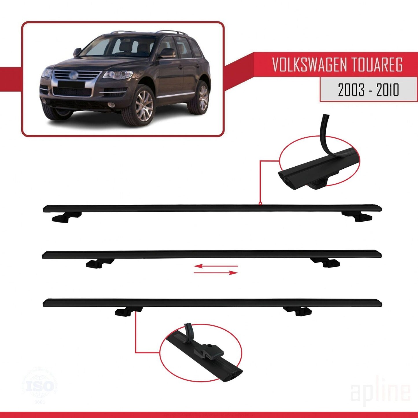 Compatible avec Volkswagen Touareg (7L) 2002-2010 BASIC Model Barres de Toit Railing Porte-Bagages de Voiture Noir Aluminium 2 Barres