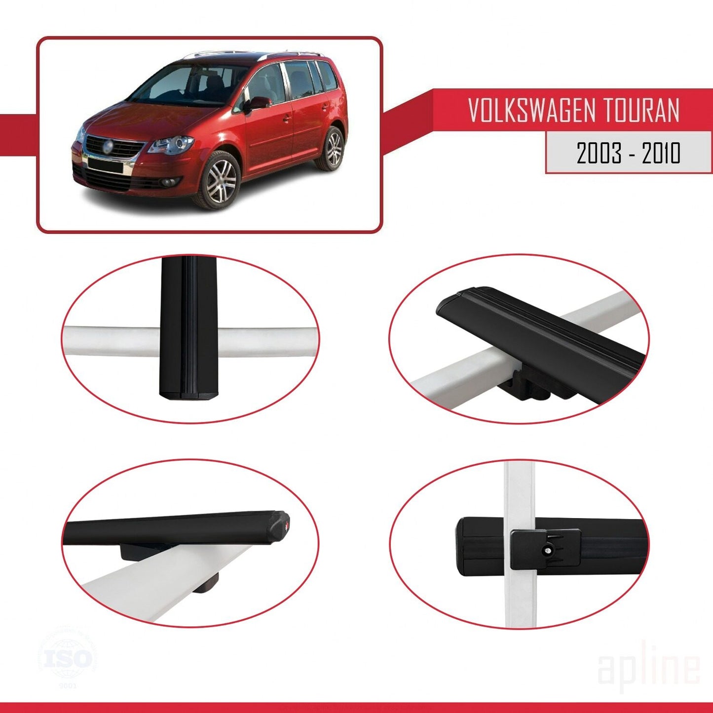 Compatible avec Volkswagen Touran (1T) Pre-Facelift 2003-2010 BASIC Model Barres de Toit Railing Porte-Bagages de Voiture Noir Aluminium 2 Barres
