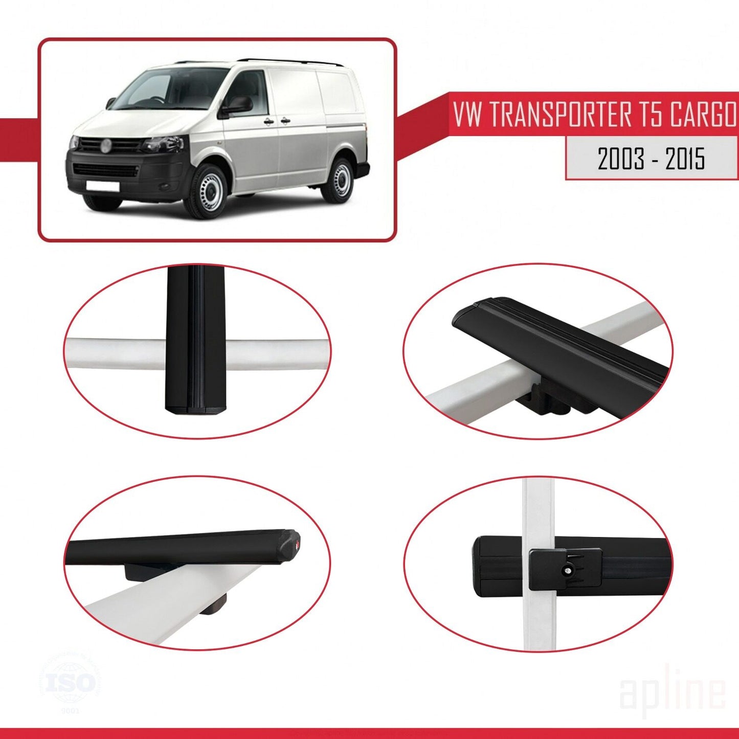 Compatible with Volkswagen T5 Transporter 2003-2015 BASIC Model Car Roof Rack Cross Bar Black Aluminium 3 Bars