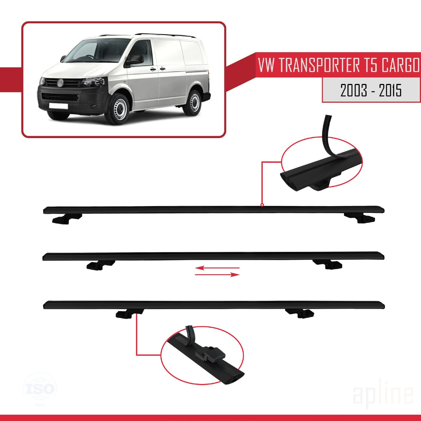 Compatible with Volkswagen T5 Transporter 2003-2015 BASIC Model Car Roof Rack Cross Bar Black Aluminium 4 Bars