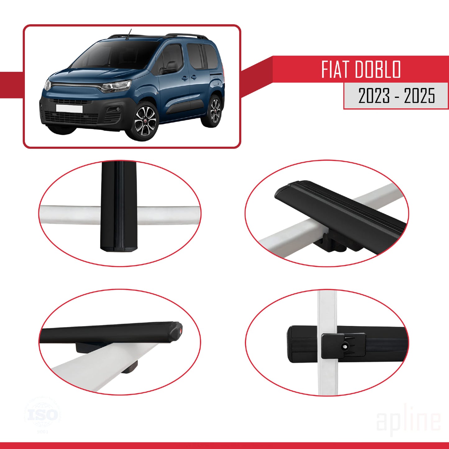 Compatible avec Fiat Doblo 3 2023-2025 BASIC Model Barres de Toit Railing Porte-Bagages de Voiture Noir Aluminium 2 Barres