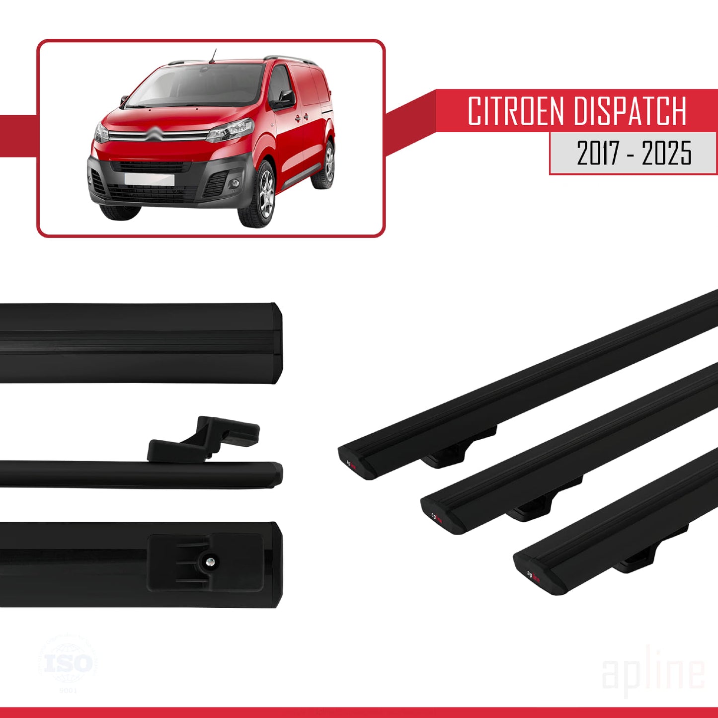 Compatible avec Citroen Dispatch (K0) 2017-2025 BASIC Model Barres de Toit Railing Porte-Bagages de Voiture Noir Aluminium 3 Barres