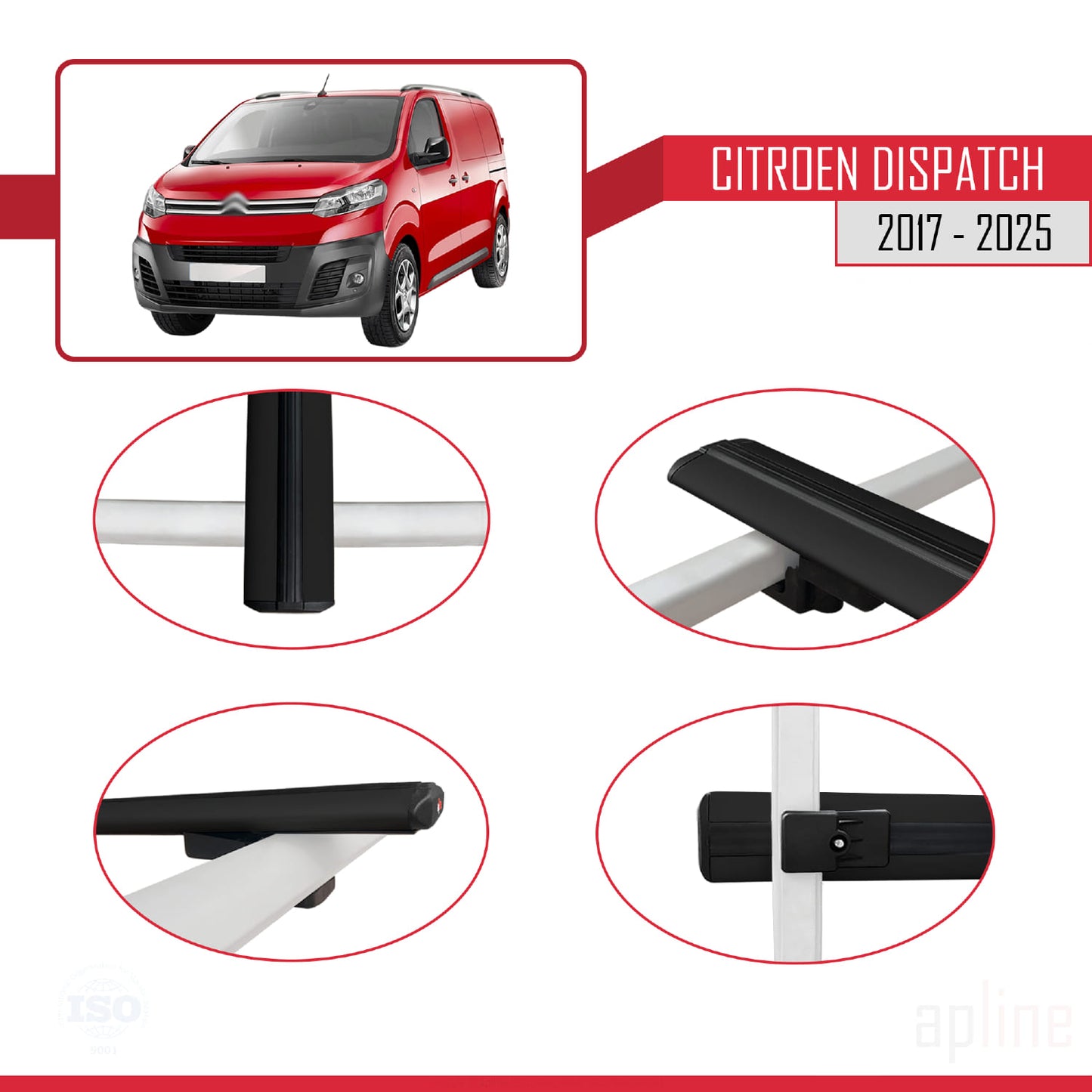 Compatible avec Citroen Dispatch (K0) 2017-2025 BASIC Model Barres de Toit Railing Porte-Bagages de Voiture Noir Aluminium 3 Barres
