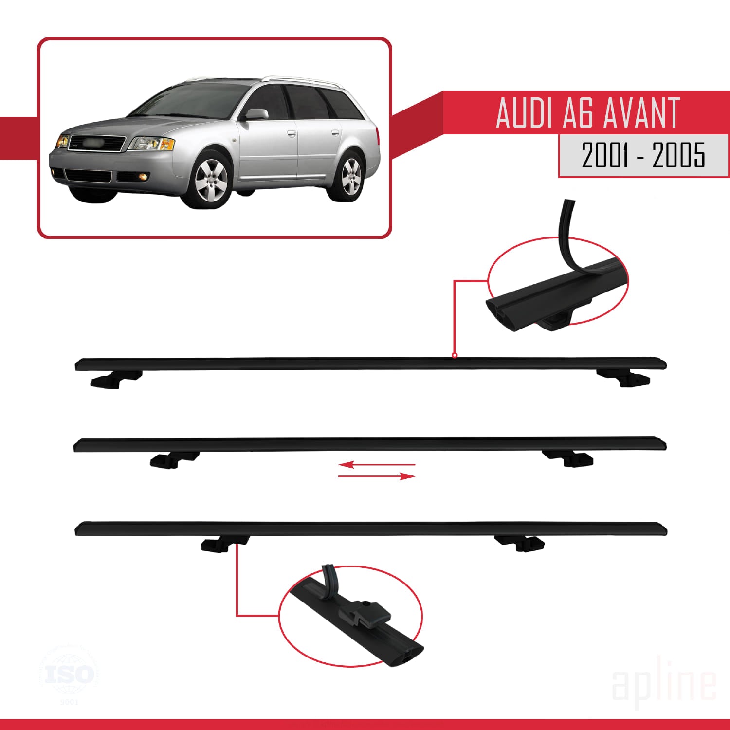 Compatible avec Audi A6 Avant 2001-2005 BASIC Model Barres de Toit Railing Porte-Bagages de Voiture Noir Aluminium 3 Barres