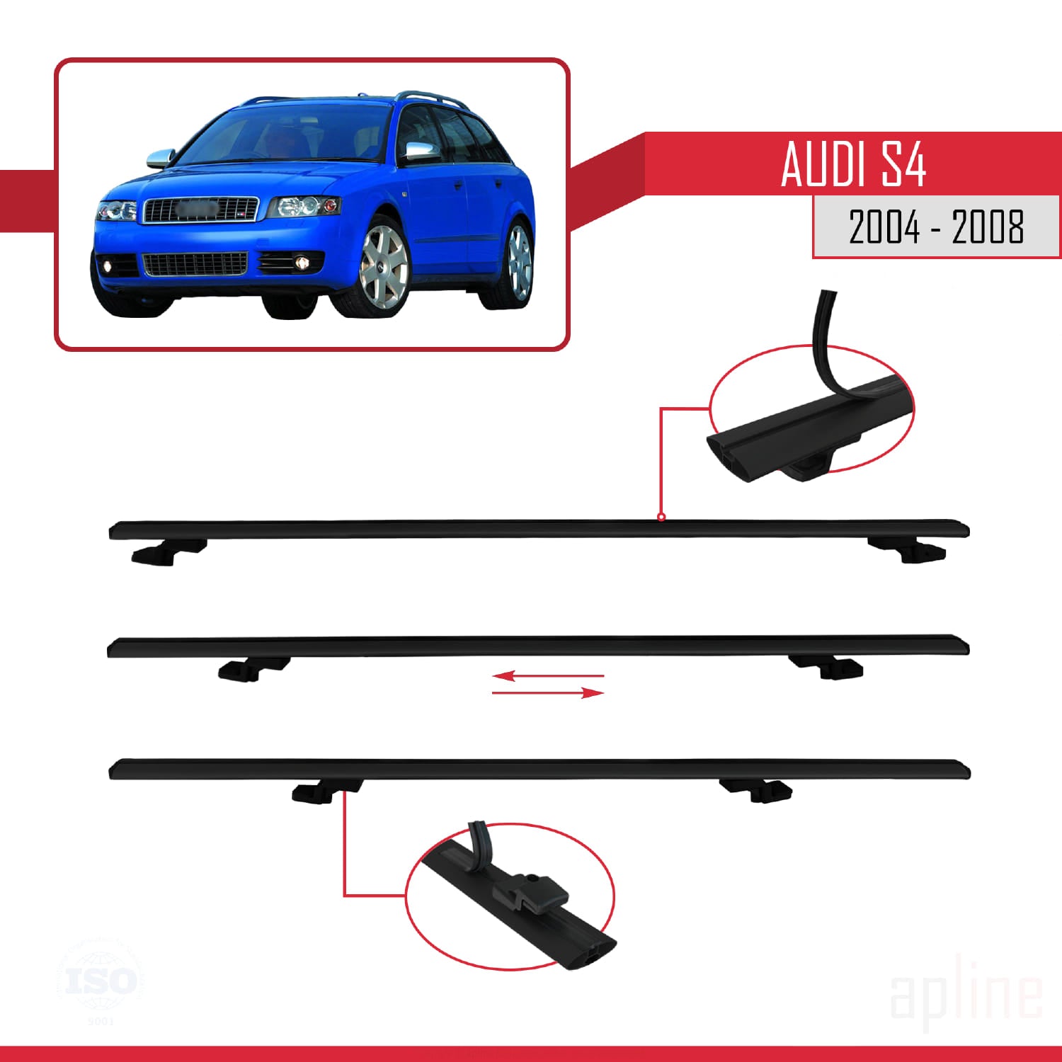 Compatible avec Audi S4 2004-2008 BASIC Model Barres de Toit Railing Porte-Bagages de Voiture Noir Aluminium 2 Barres