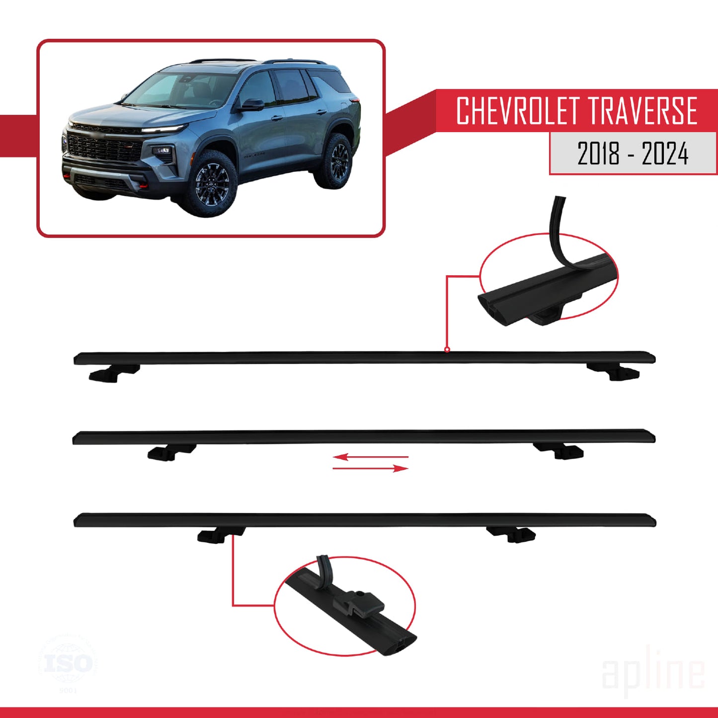 Compatible avec Chevrolet Traverse 2018-2024 BASIC Model Barres de Toit Railing Porte-Bagages de Voiture Noir Aluminium 3 Barres