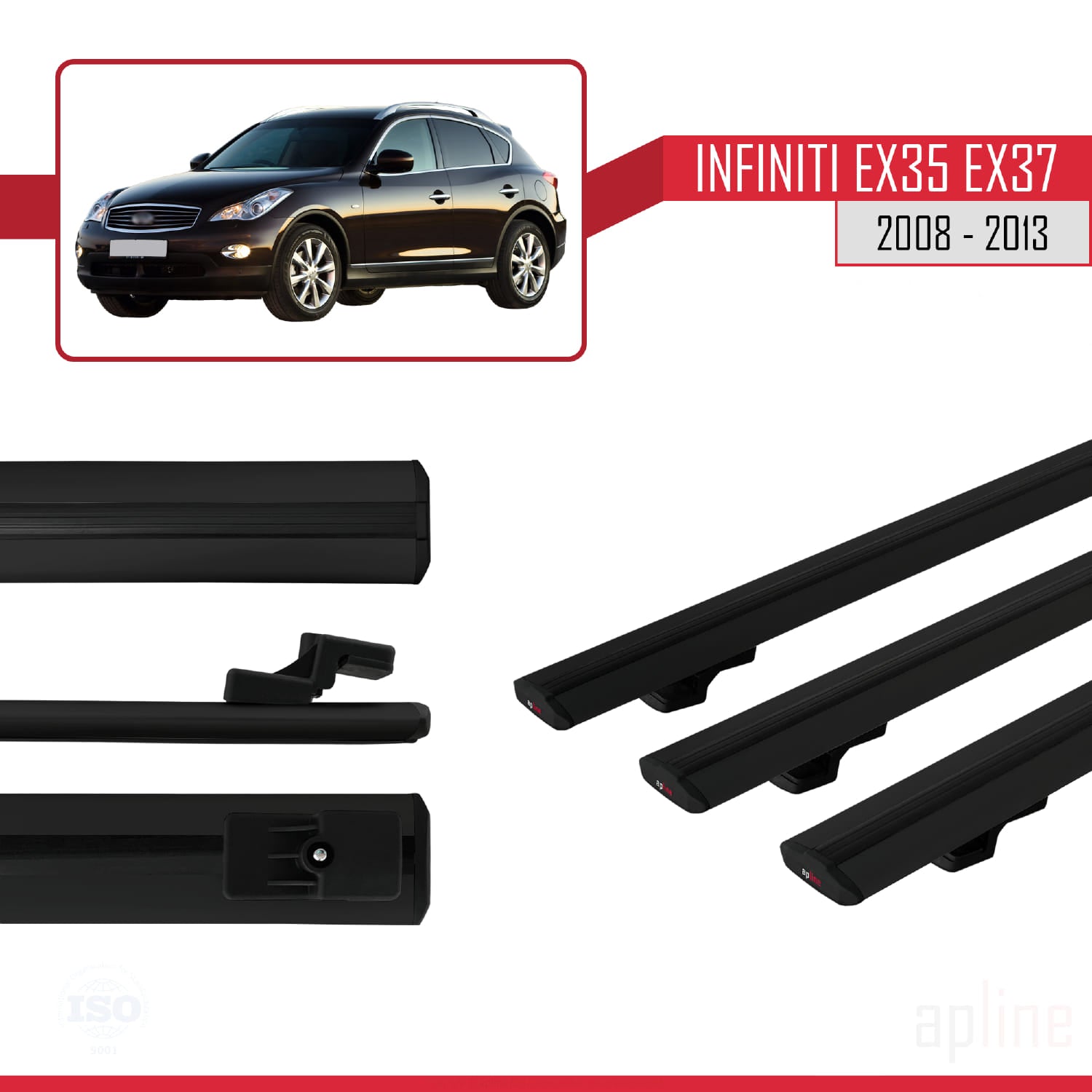 Compatible avec Infiniti EX35 EX37 2008-2013 BASIC Model Barres de Toit Railing Porte-Bagages de Voiture Noir Aluminium 3 Barres