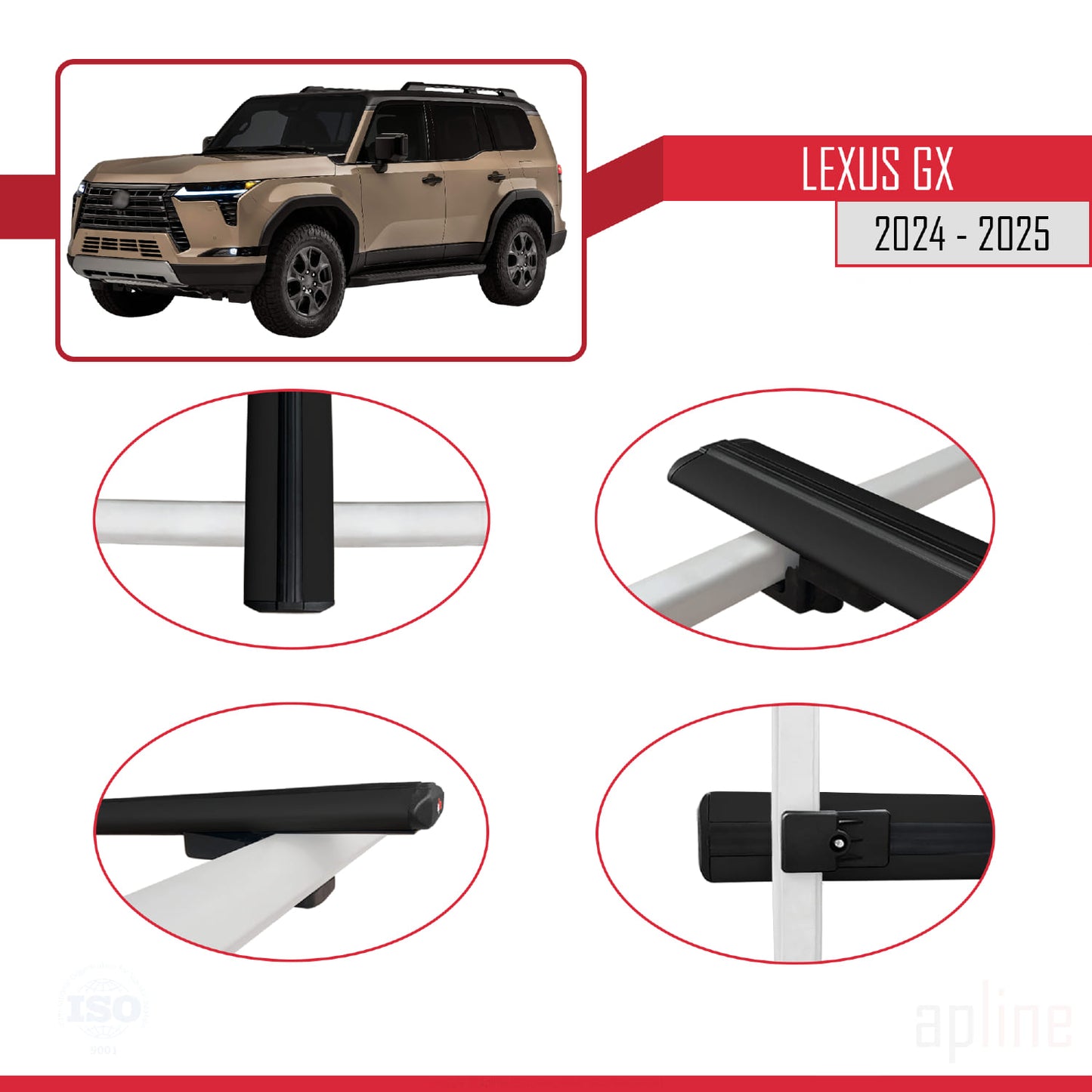 Compatible avec Lexus GX 2024-2025 BASIC Model Barres de Toit Railing Porte-Bagages de Voiture Noir Aluminium 2 Barres