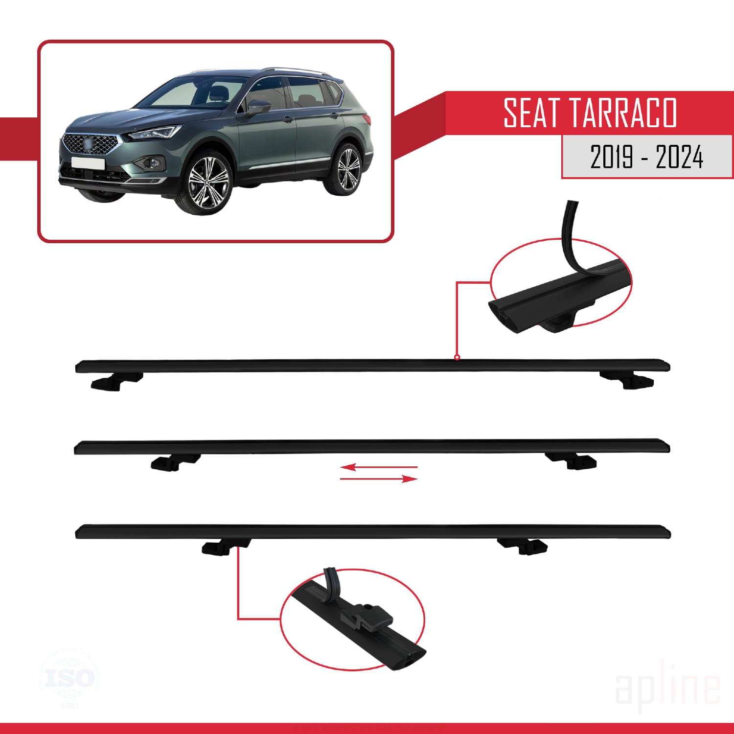 Compatible avec Seat Tarraco 2019-2024 BASIC Model Barres de Toit Railing Porte-Bagages de Voiture Noir Aluminium 2 Barres