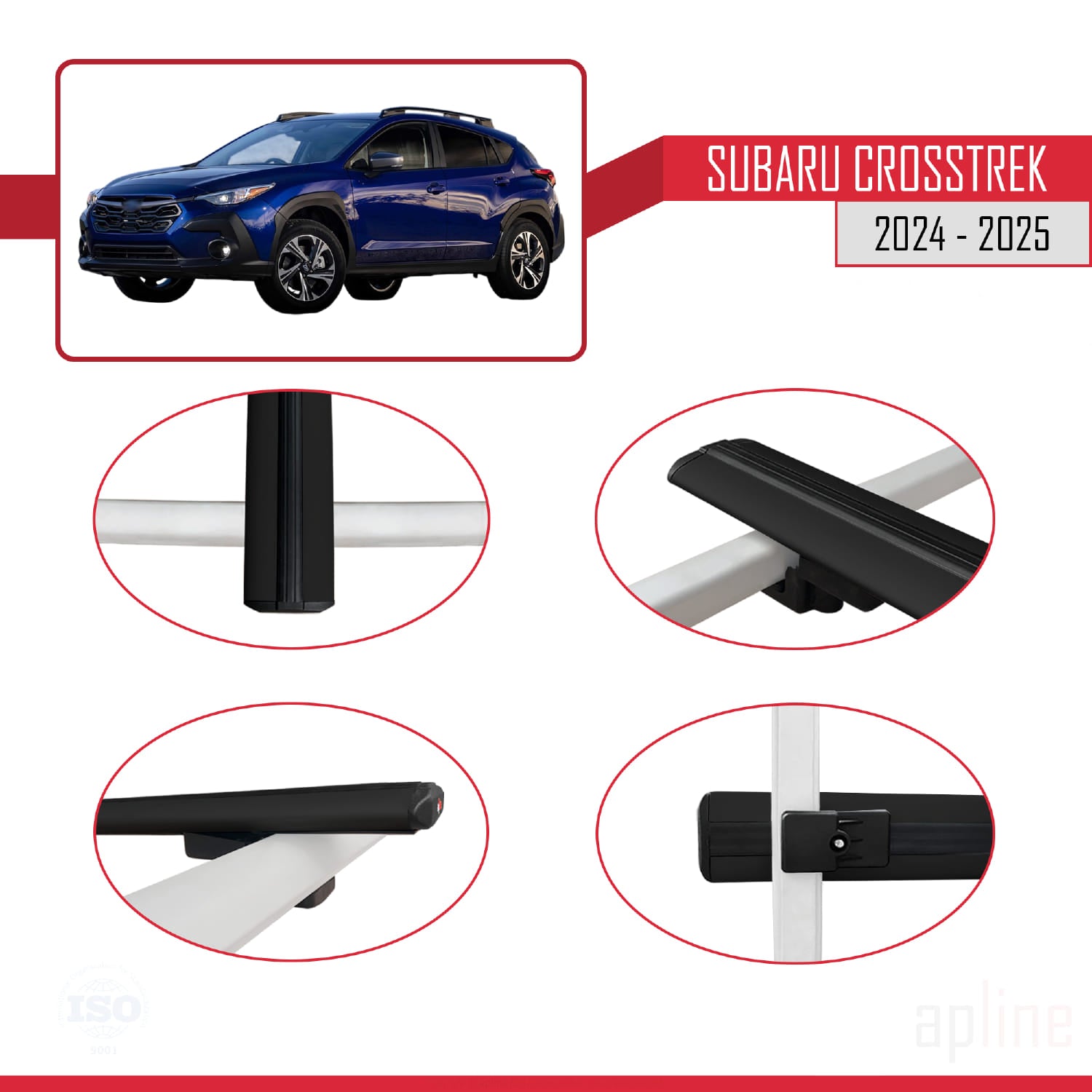 Compatible avec Subaru Crosstrek 2024-2025 BASIC Model Barres de Toit Railing Porte-Bagages de Voiture Noir Aluminium 3 Barres