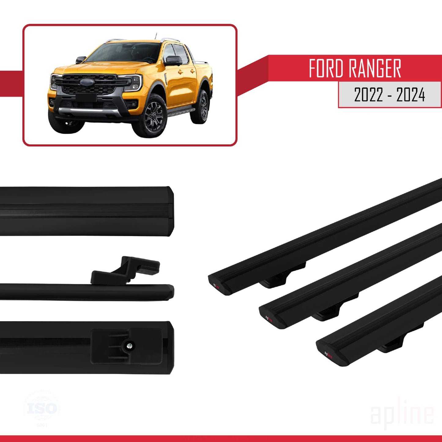 Compatible avec Ford Ranger (P703) 2022-2024 BASIC Model Barres de Toit Railing Porte-Bagages de Voiture Noir Aluminium 3 Barres