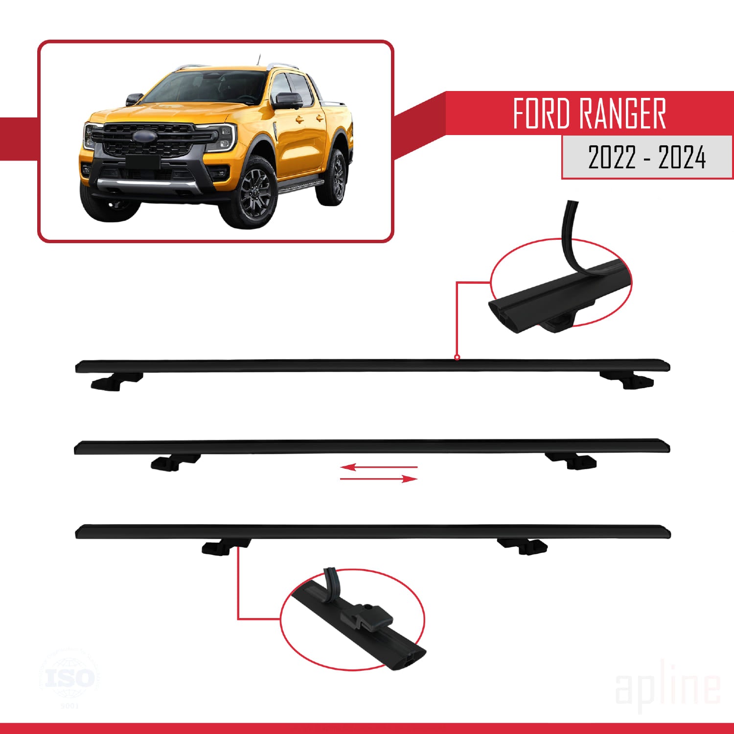 Compatible avec Ford Ranger (P703) 2022-2024 BASIC Model Barres de Toit Railing Porte-Bagages de Voiture Noir Aluminium 2 Barres