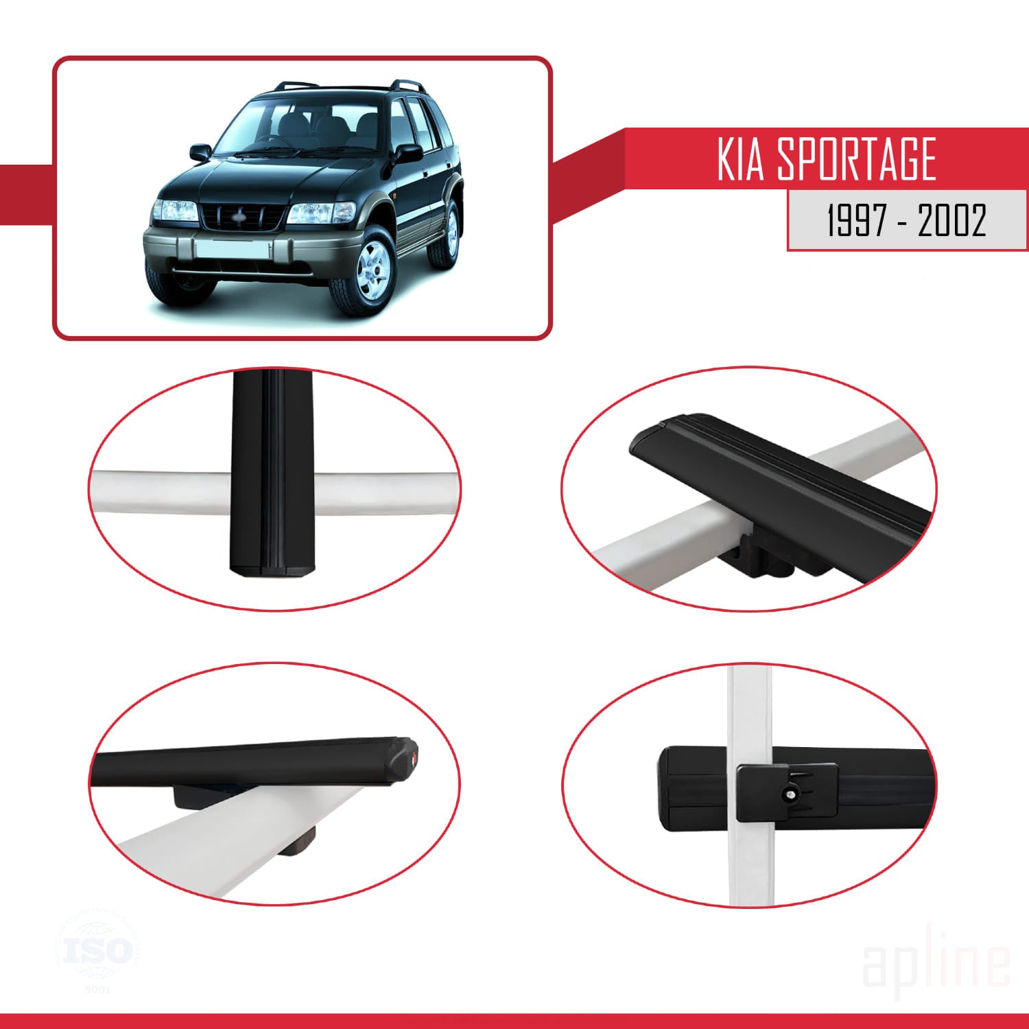 Compatible avec Kia Sportage 1997-2002 BASIC Model Barres de Toit Railing Porte-Bagages de Voiture Noir Aluminium 3 Barres
