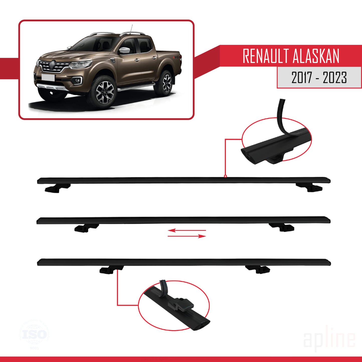 Compatible avec Renault Alaskan 2017-2023 BASIC Model Barres de Toit Railing Porte-Bagages de Voiture Noir Aluminium 3 Barres