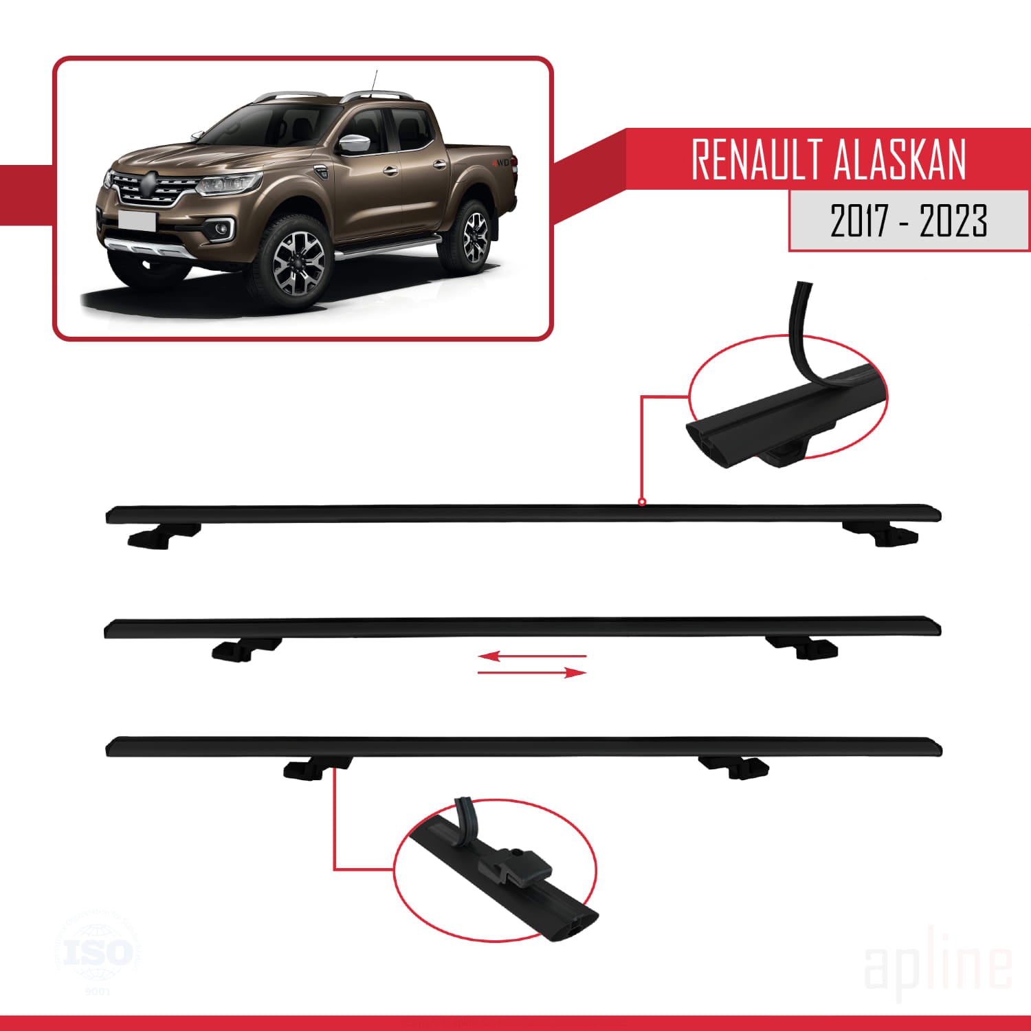 Compatible avec Renault Alaskan 2017-2023 BASIC Model Barres de Toit Railing Porte-Bagages de Voiture Noir Aluminium 3 Barres