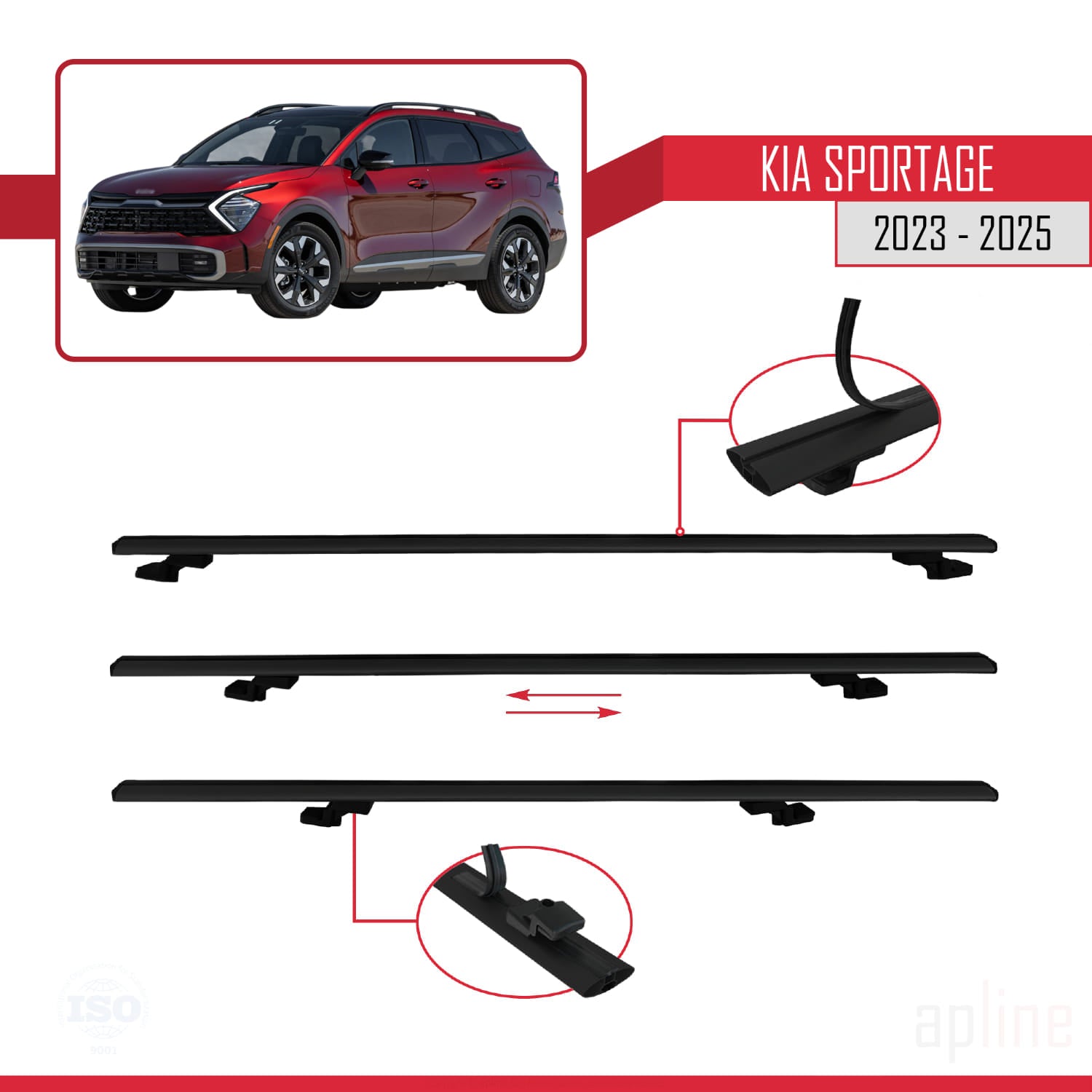 Compatible avec Kia Sportage 2023-2025 BASIC Model Barres de Toit Railing Porte-Bagages de Voiture Noir Aluminium 3 Barres