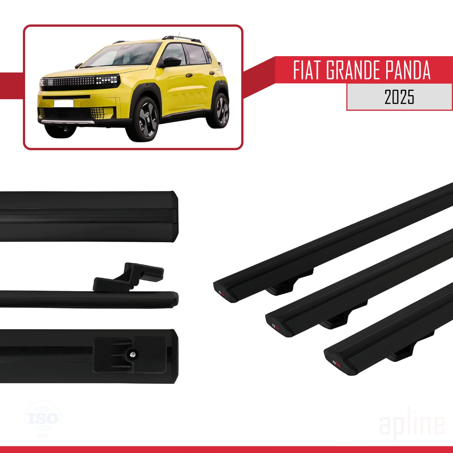 Compatible avec Fiat Grande Panda 2025-2025 BASIC Model Barres de Toit Railing Porte-Bagages de Voiture Noir Aluminium 3 Barres