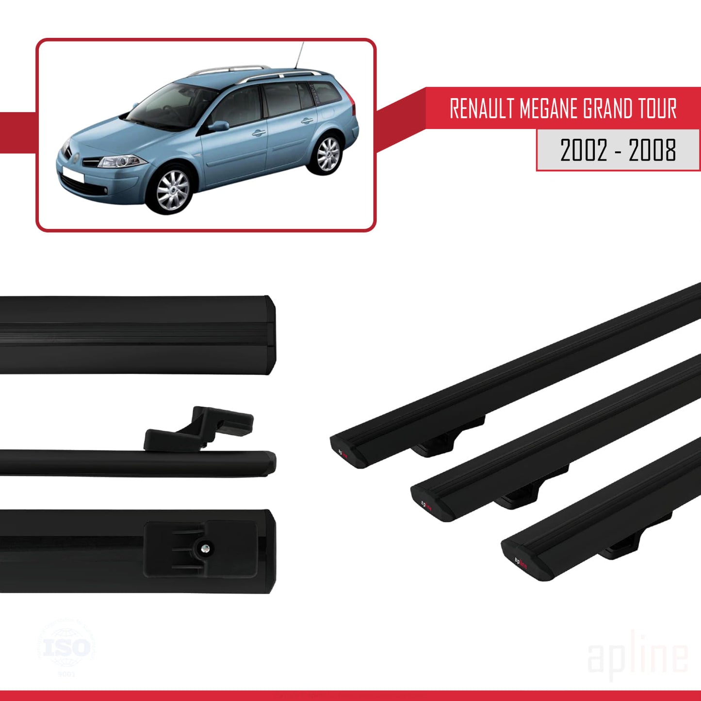 Compatible avec Renault Megane Grand Tour 2002-2008 BASIC Model Barres de Toit Railing Porte-Bagages de Voiture Noir Aluminium 3 Barres