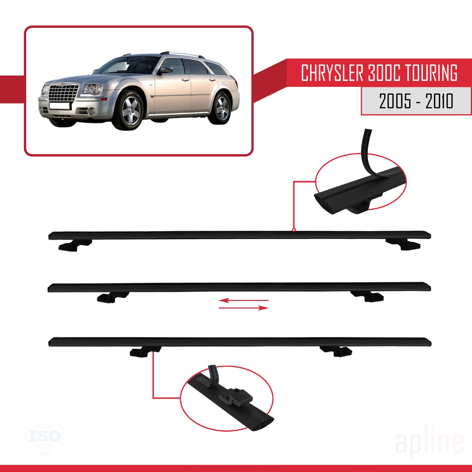 Compatible avec Chrysler 300C Touring 2005-2010 BASIC Model Barres de Toit Railing Porte-Bagages de Voiture Noir Aluminium 2 Barres