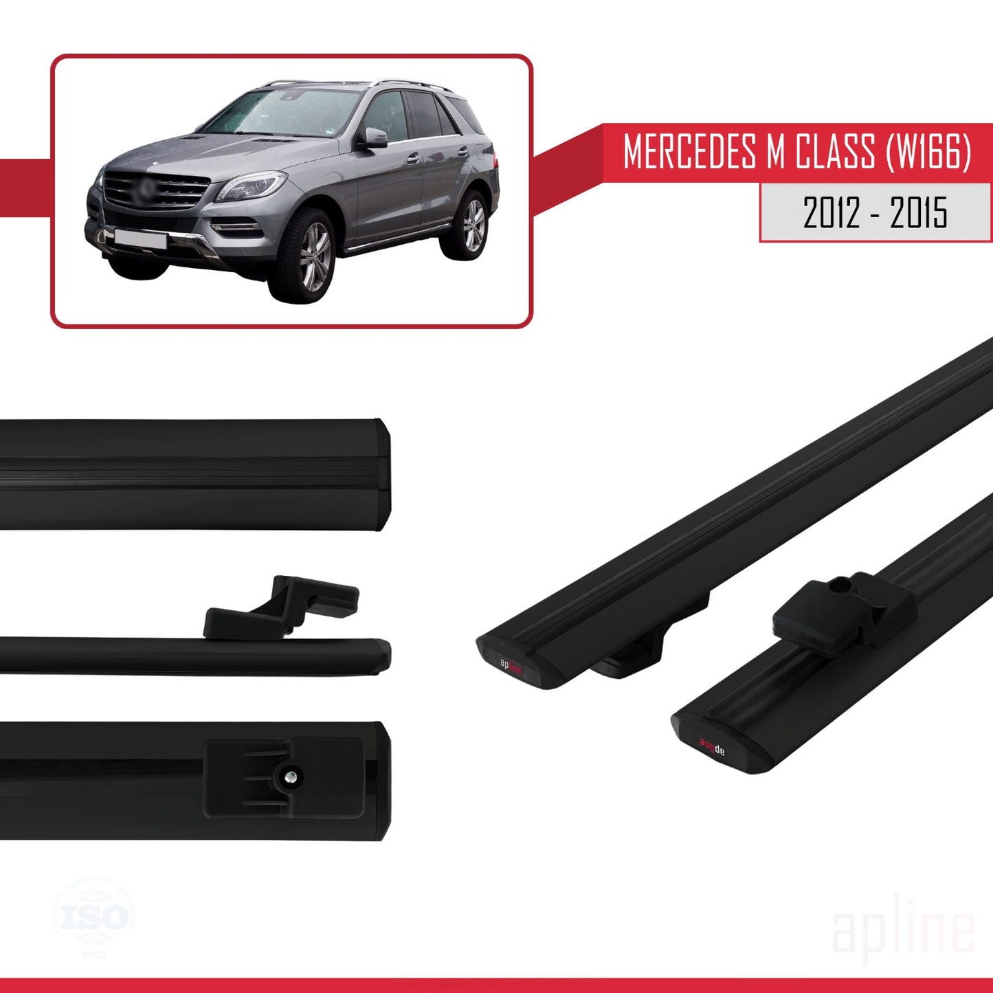 Compatible with Mercedes M Class 3 (W166) Pre-Facelift 2012-2015 BASIC Model Car Roof Rack Cross Bar Black Aluminium 2 Bars
