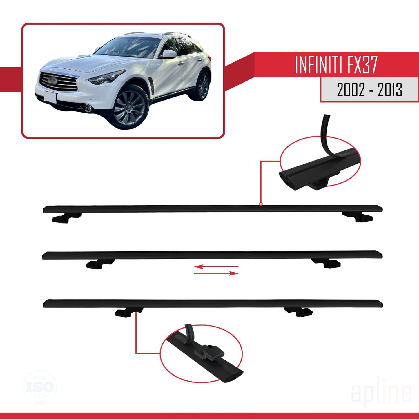 Compatible avec Infiniti FX37 2002-2013 BASIC Model Barres de Toit Railing Porte-Bagages de Voiture Noir Aluminium 3 Barres
