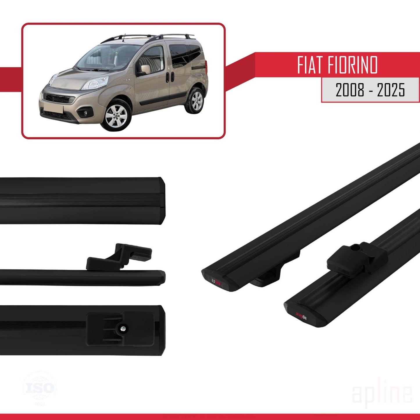 Compatible avec Fiat Fiorino (Modèle Tubulaire) 2008-2025 BASIC Model Barres de Toit Railing Porte-Bagages de Voiture Noir Aluminium 2 Barres