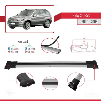 Compatible avec BMW X5 (E53) 2000-2006 FLY Model Barres de Toit Railing Porte-Bagages de Voiture Gris Aluminium 3 Barres