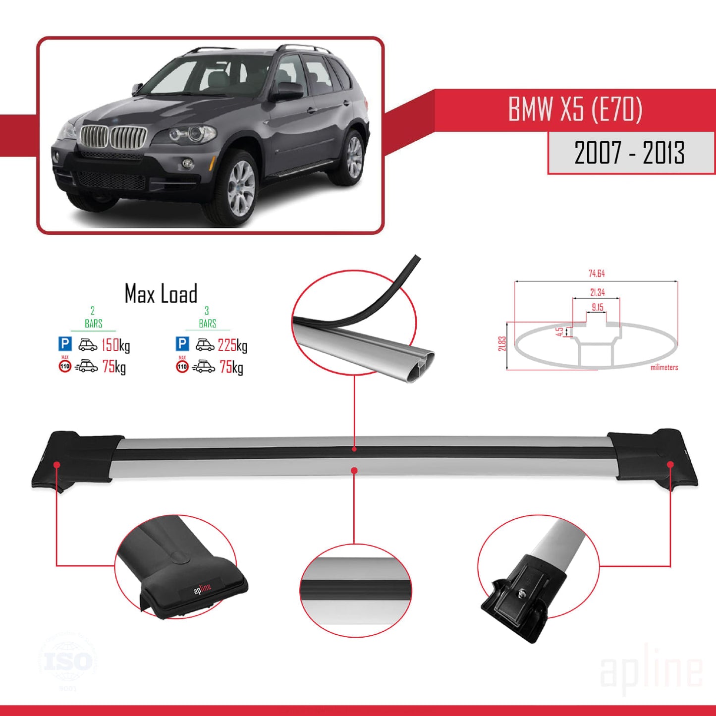 Compatible avec BMW X5 (E70) 2007-2013 FLY Model Barres de Toit Railing Porte-Bagages de Voiture Gris Aluminium 2 Barres
