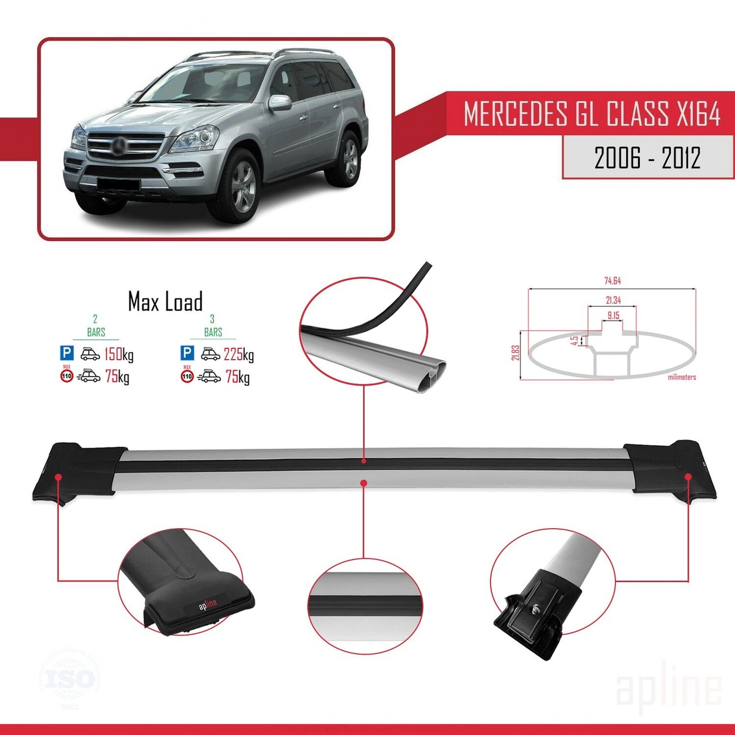 Compatible with Mercedes GL Class (X164) 2006-2012 FLY Model Car Roof Rack Cross Bar Grey Aluminium 2 Bars
