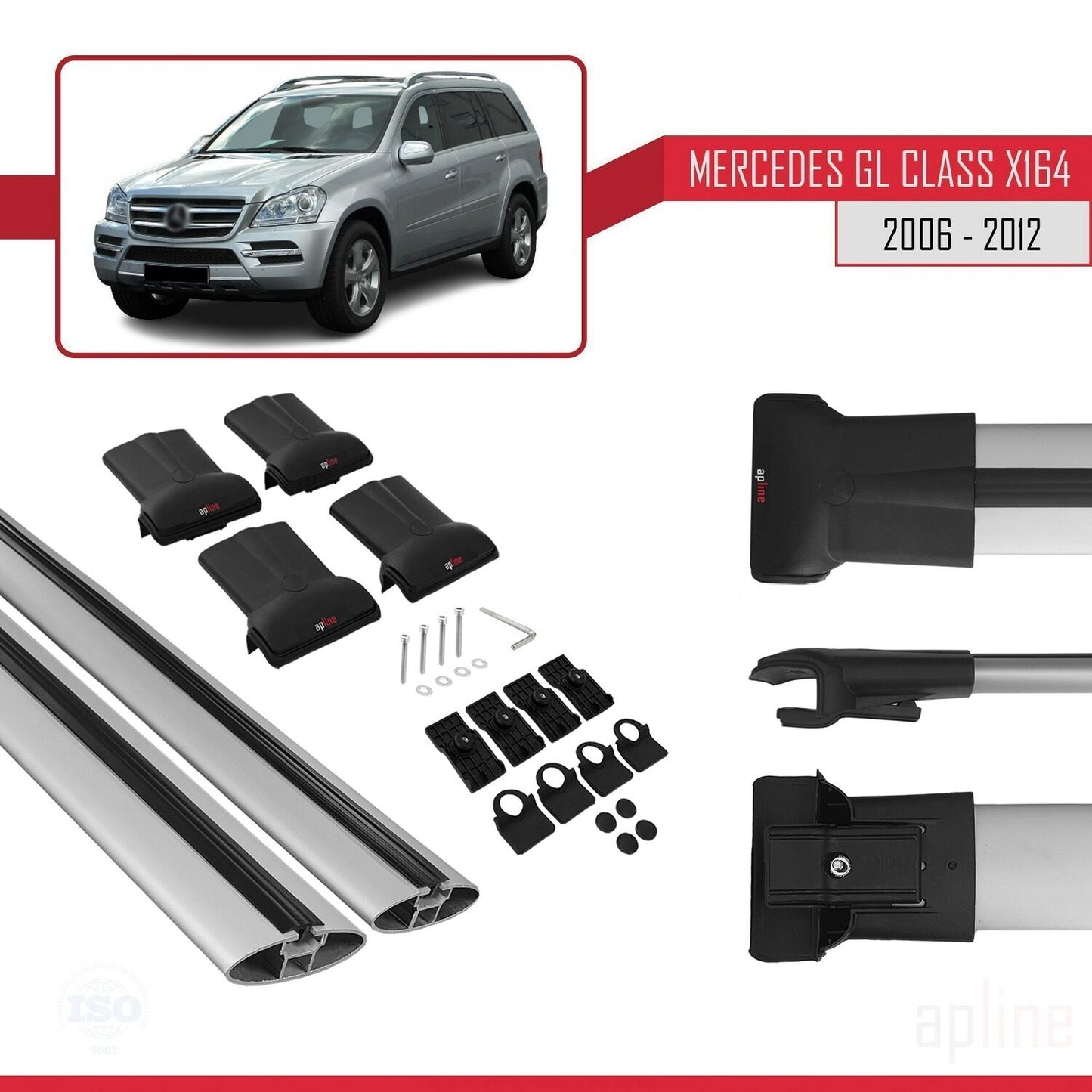 Compatible with Mercedes GL Class (X164) 2006-2012 FLY Model Car Roof Rack Cross Bar Grey Aluminium 2 Bars