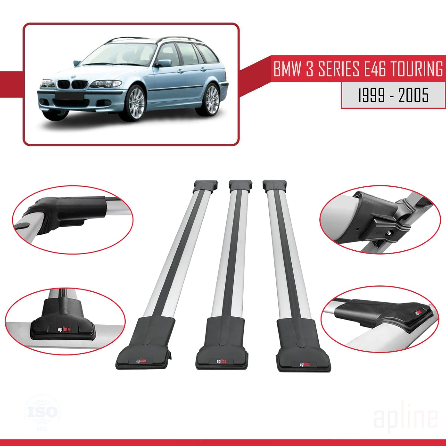 Compatible avec BMW Série 3 (E46) Touring 1999-2005 FLY Model Barres de Toit Railing Porte-Bagages de Voiture Gris Aluminium 3 Barres