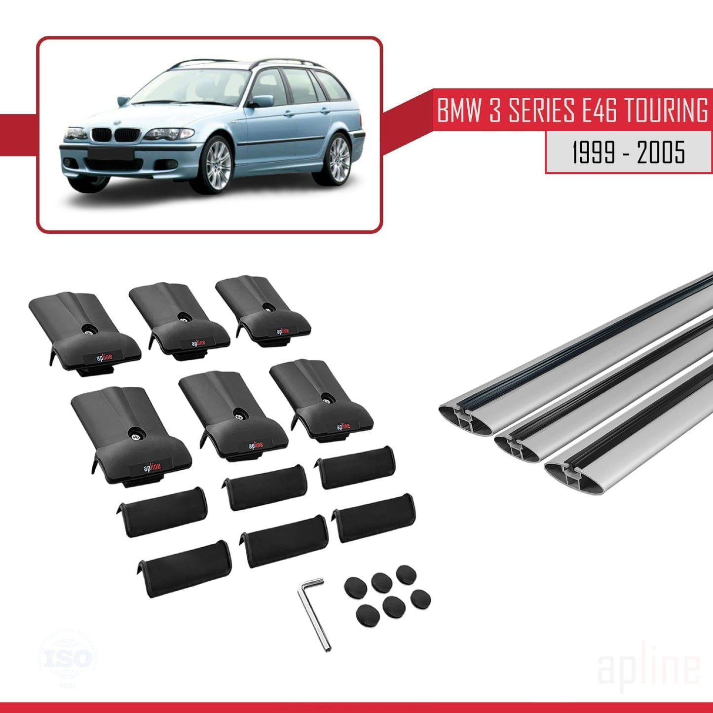 Compatible avec BMW Série 3 (E46) Touring 1999-2005 FLY Model Barres de Toit Railing Porte-Bagages de Voiture Gris Aluminium 3 Barres