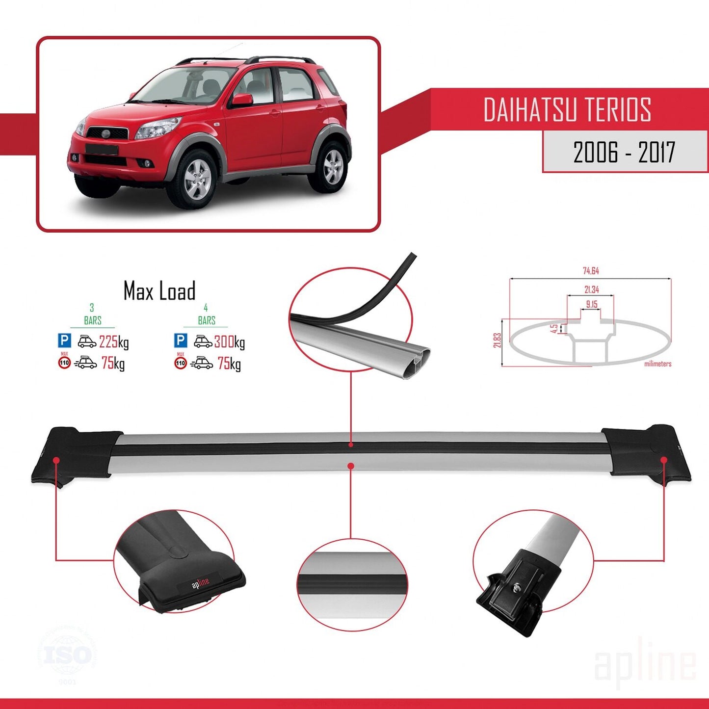 Compatible avec Daihatsu Terios 2 (J200) 2006-2017 FLY Model Barres de Toit Railing Porte-Bagages de Voiture Gris Aluminium 3 Barres