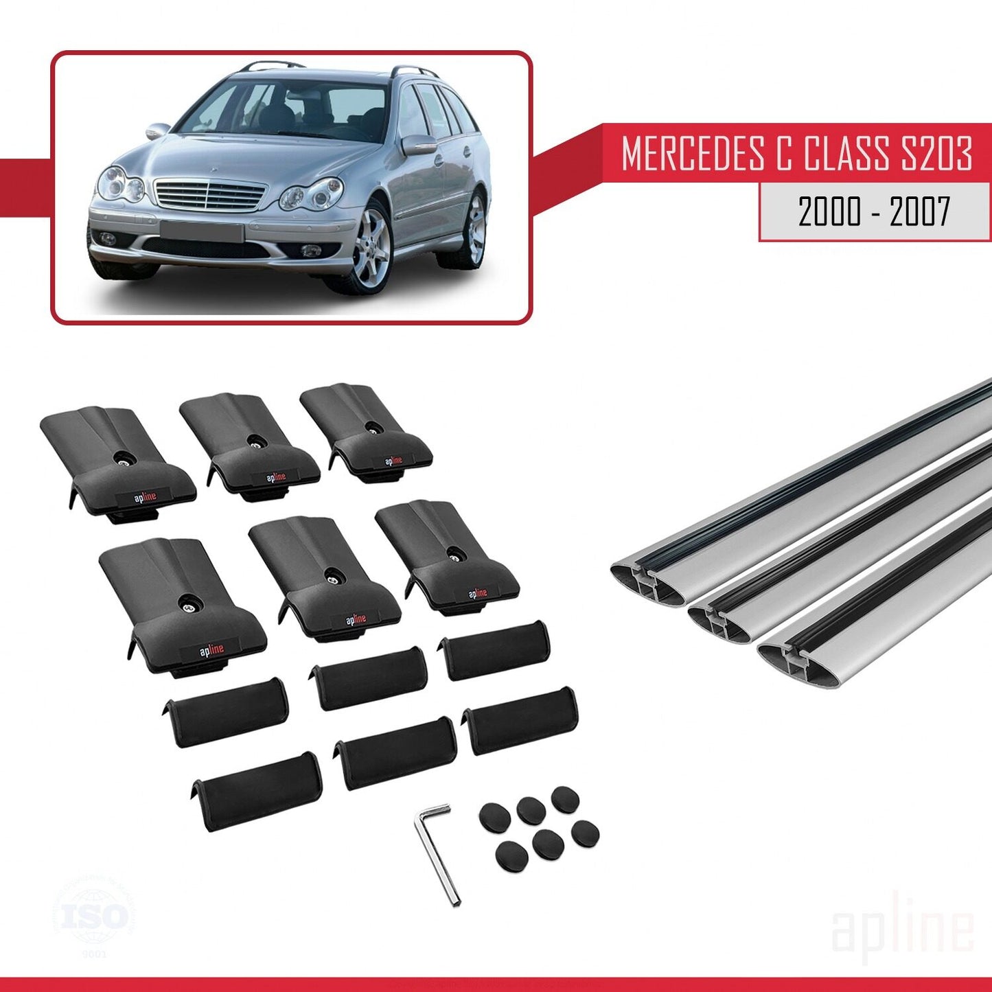 Compatible avec Mercedes Classe C 2 (S203) 2000-2007 FLY Model Barres de Toit Railing Porte-Bagages de Voiture Gris Aluminium 3 Barres