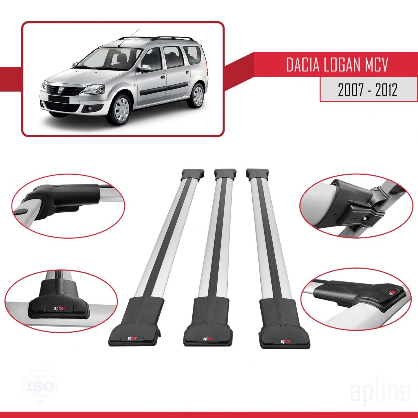 Compatible avec Dacia Logan 2 MCV (K52) 2007-2012 FLY Model Barres de Toit Railing Porte-Bagages de Voiture Gris Aluminium 3 Barres