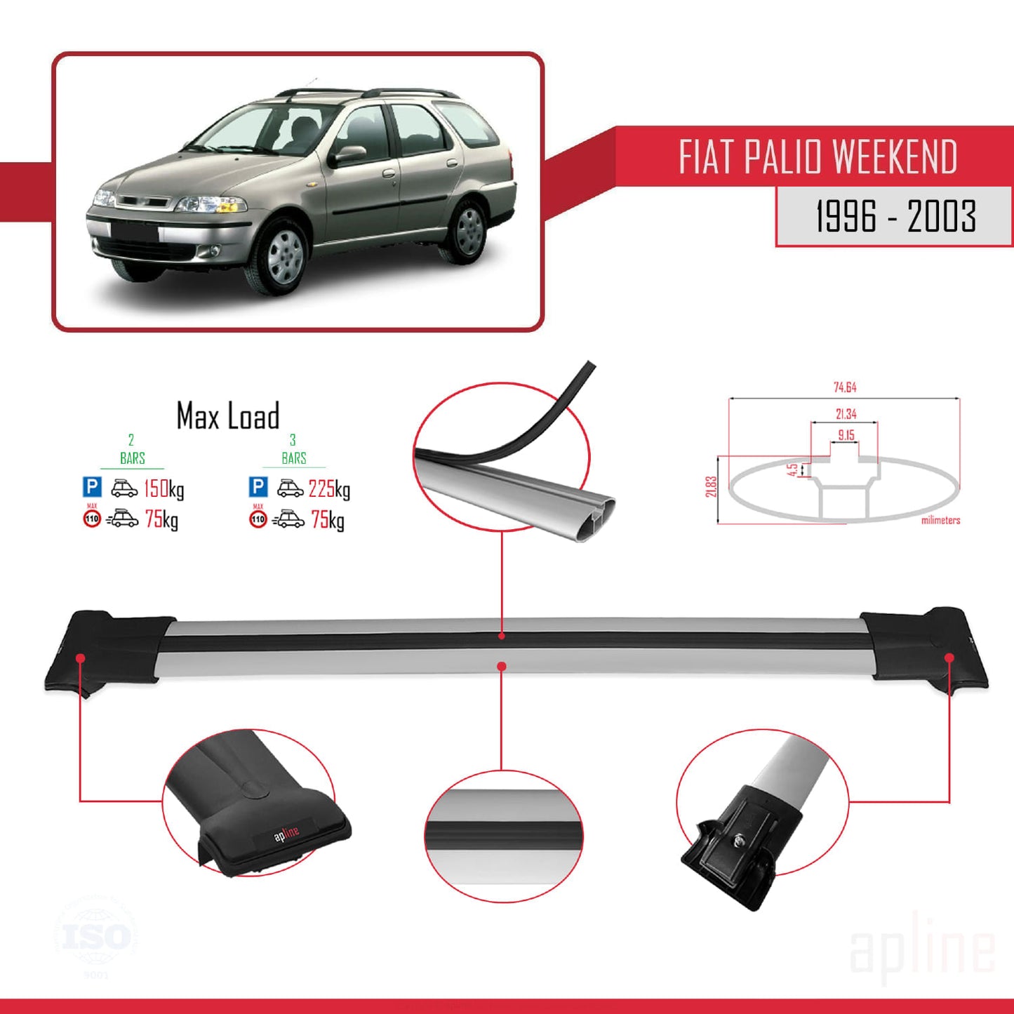 Compatible avec Fiat Palio (178) Weekend 1996-2003 FLY Model Barres de Toit Railing Porte-Bagages de Voiture Gris Aluminium 2 Barres