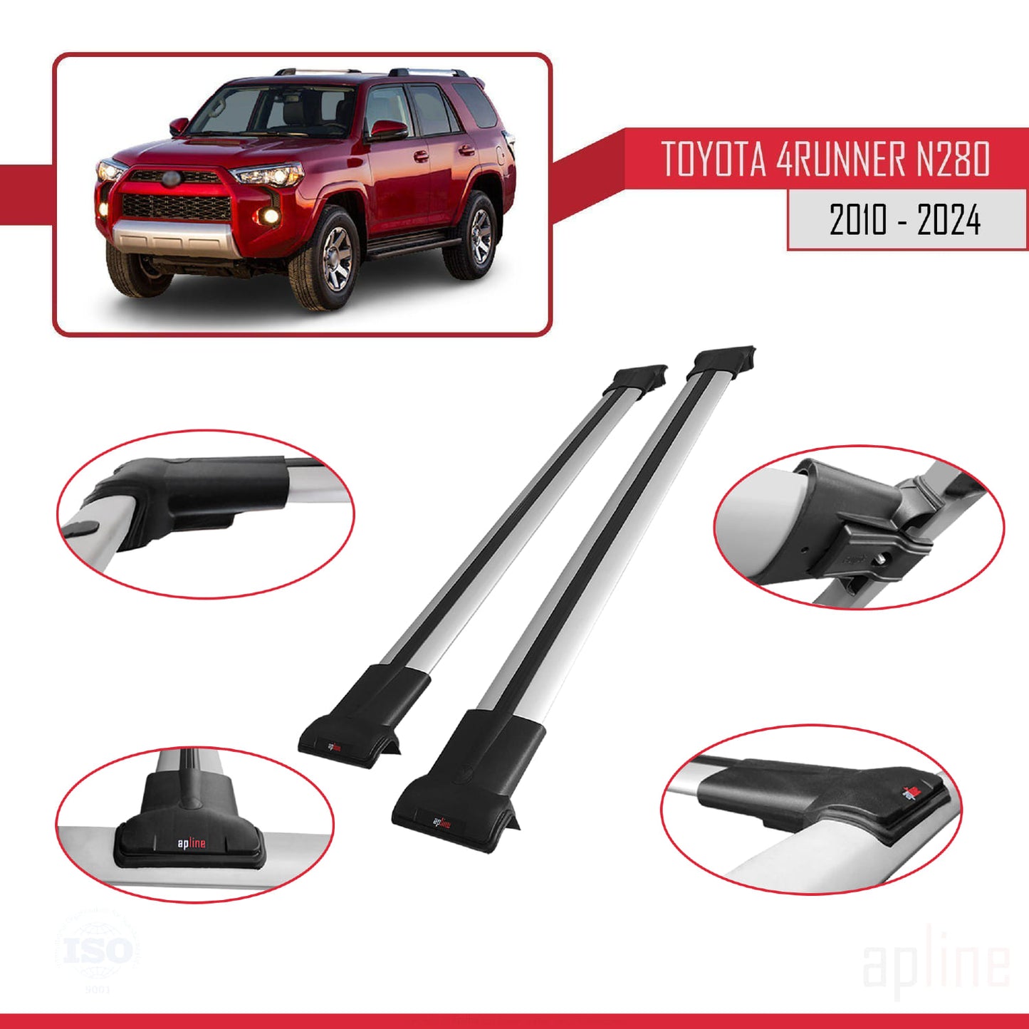 Compatible avec Toyota 4Runner (N280) 2010-2024 FLY Model Barres de Toit Railing Porte-Bagages de Voiture Gris Aluminium 2 Barres