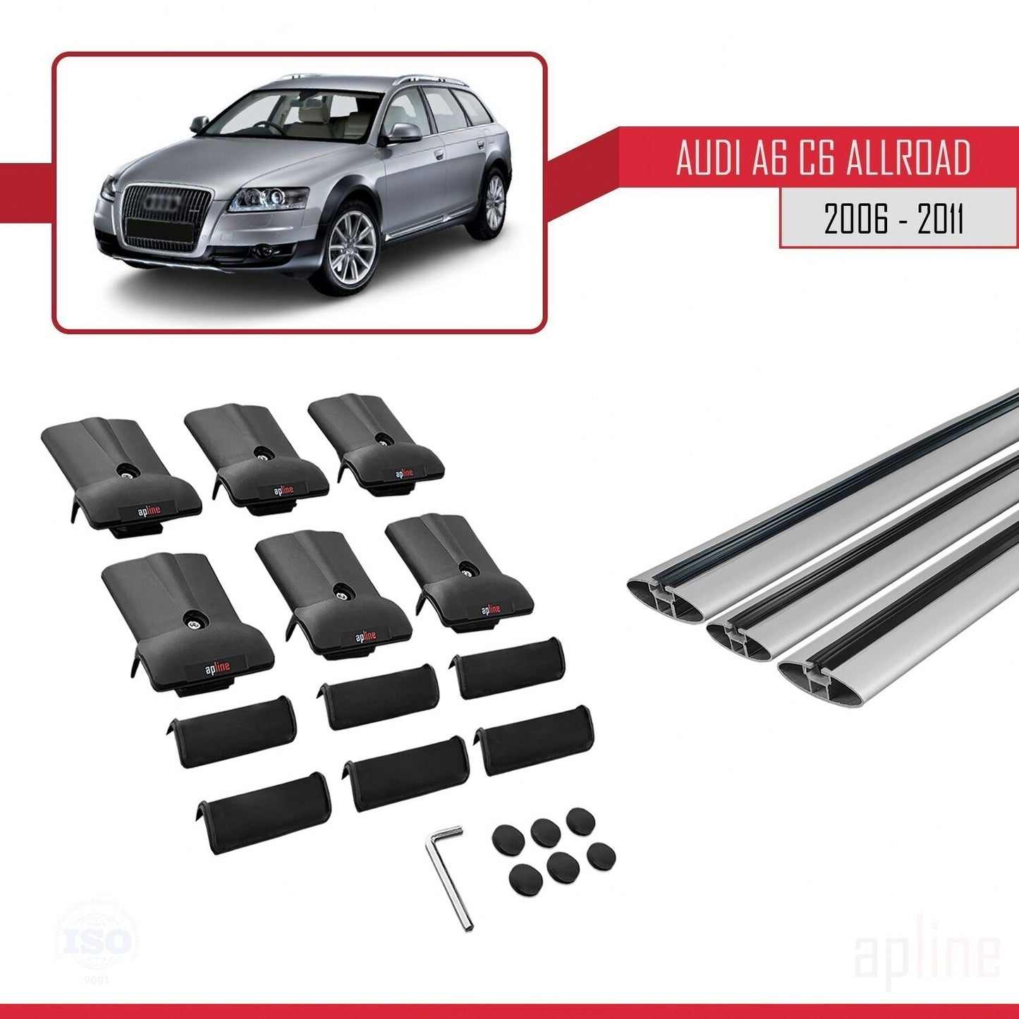 Compatible avec A6 (C6) Allroad 2006-2011 FLY Model Barres de Toit Railing Porte-Bagages de Voiture Gris Aluminium 3 Barres