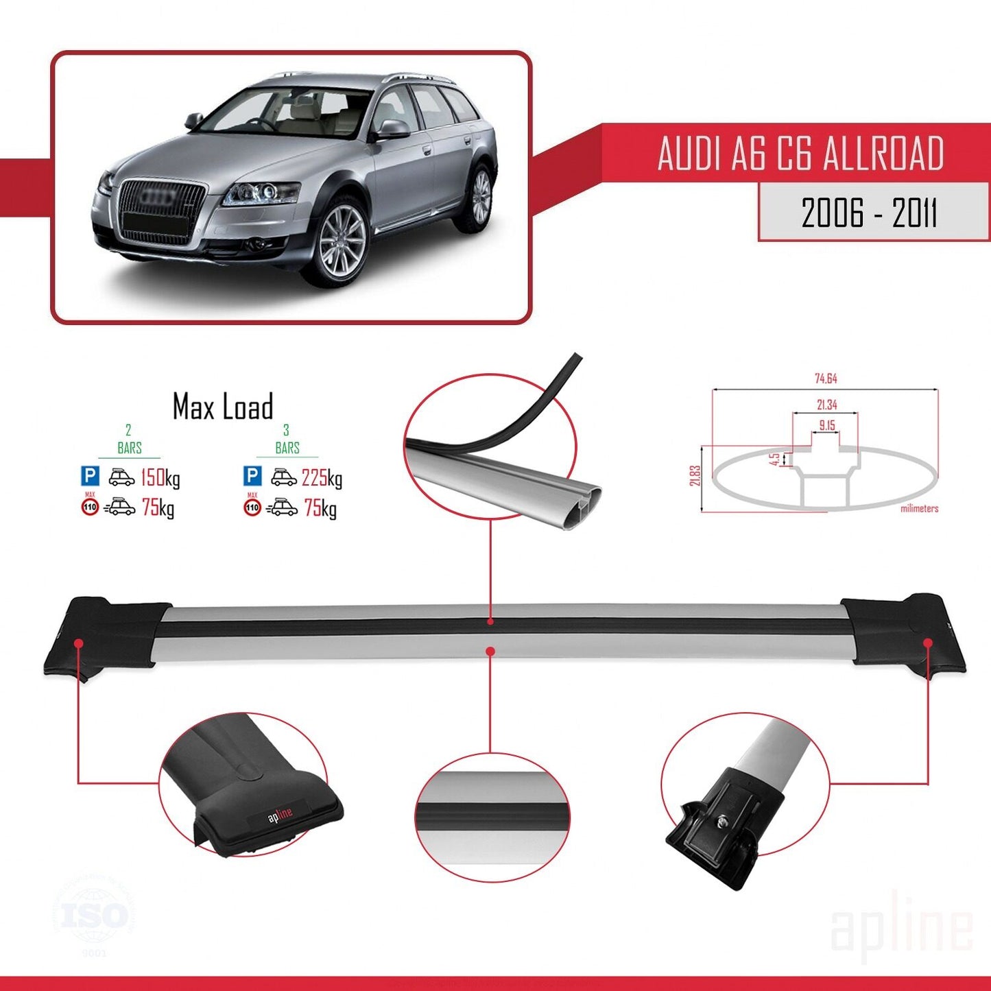 Compatible avec A6 (C6) Allroad 2006-2011 FLY Model Barres de Toit Railing Porte-Bagages de Voiture Gris Aluminium 2 Barres