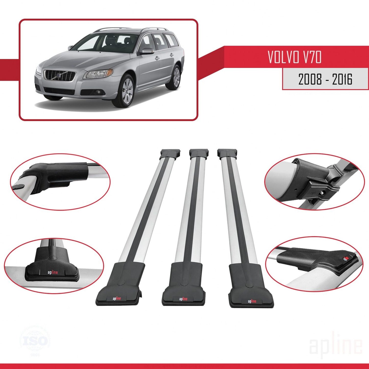 Compatible with Volvo V70 III 2008-2016 FLY Model Car Roof Rack Cross Bar Grey Aluminium 3 Bars