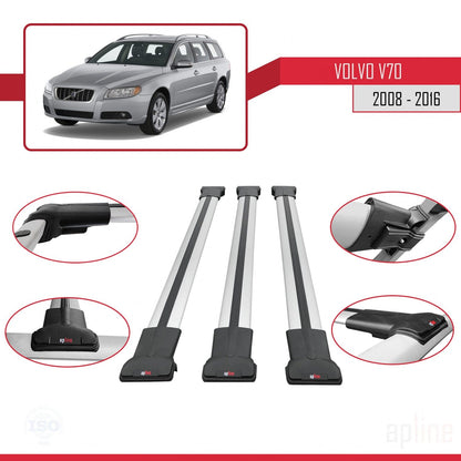 Compatible with Volvo V70 III 2008-2016 FLY Model Car Roof Rack Cross Bar Grey Aluminium 3 Bars