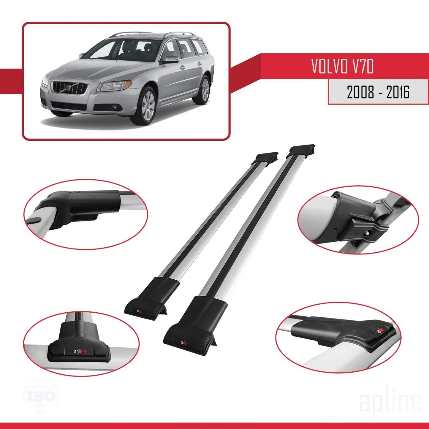 Compatible with Volvo V70 III 2008-2016 FLY Model Car Roof Rack Cross Bar Grey Aluminium 2 Bars