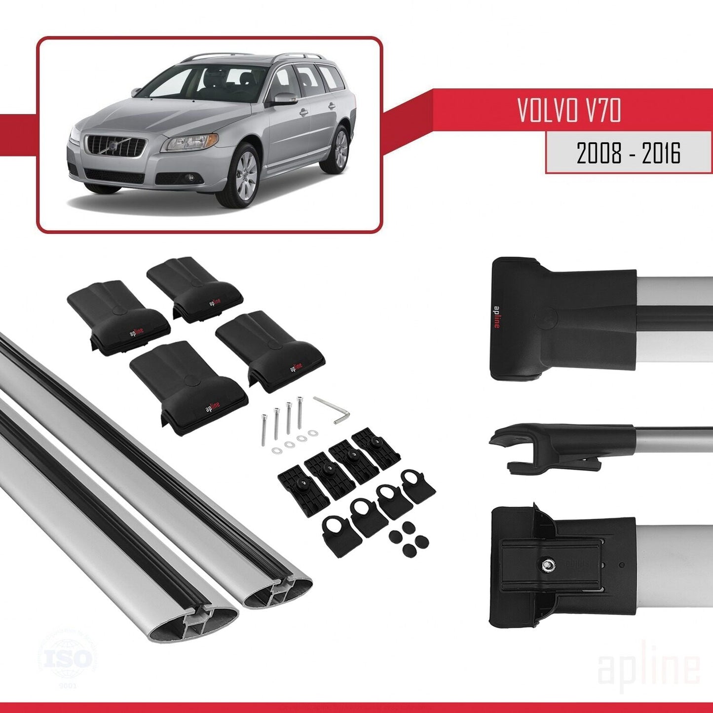 Compatible with Volvo V70 III 2008-2016 FLY Model Car Roof Rack Cross Bar Grey Aluminium 2 Bars