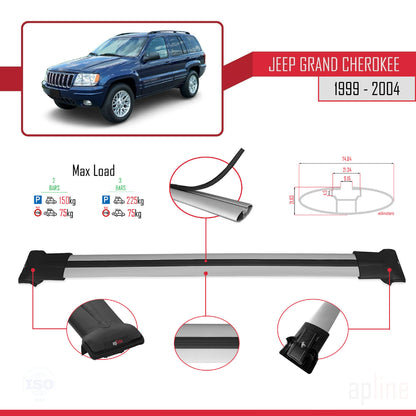 Compatible avec Jeep Grand Cherokee 2 (WJ) 1999-2004 FLY Model Barres de Toit Railing Porte-Bagages de Voiture Gris Aluminium 2 Barres