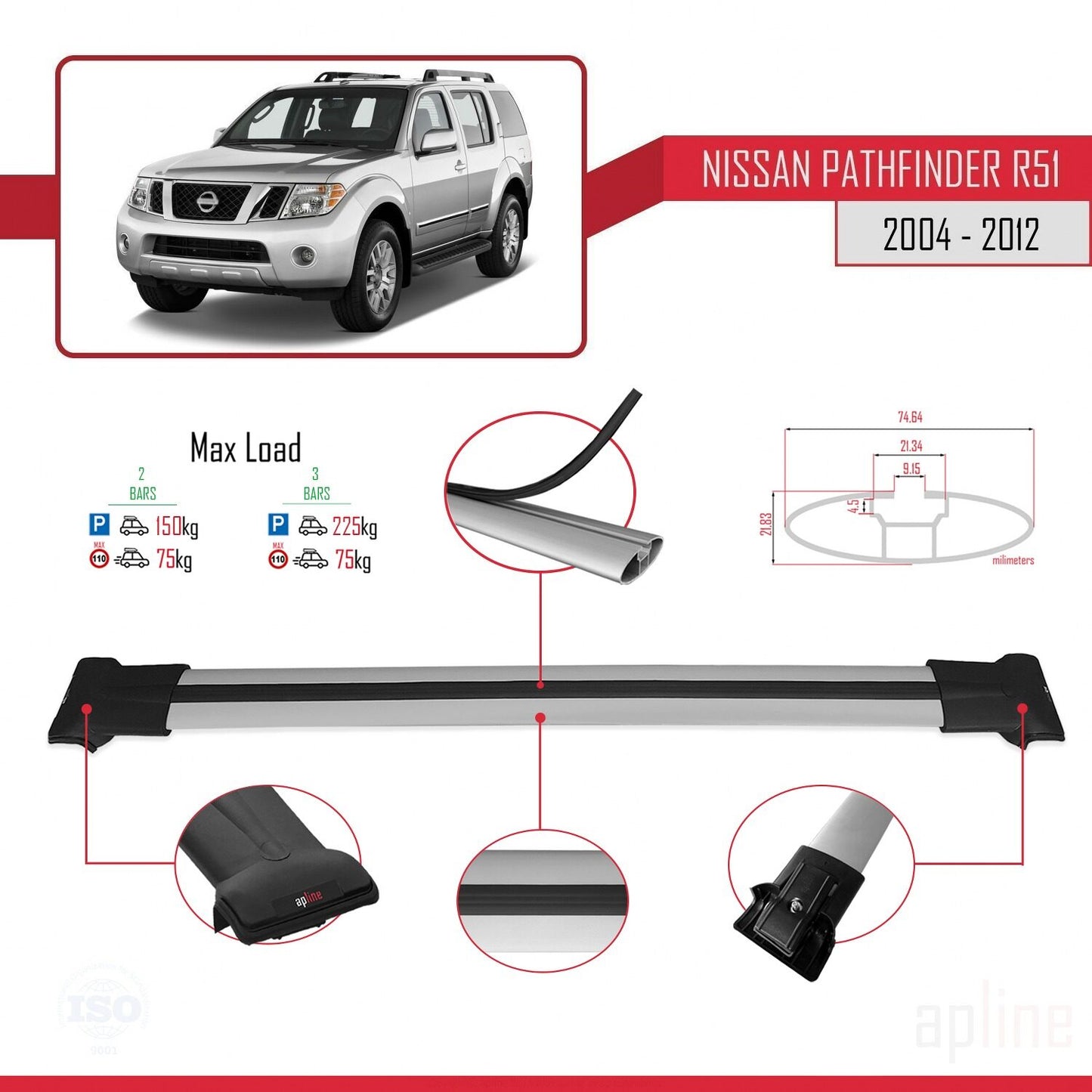 Compatible avec Nissan Pathfinder 3 (R51) 2004-2012 FLY Model Barres de Toit Railing Porte-Bagages de Voiture Gris Aluminium 2 Barres
