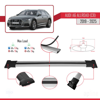Compatible avec A6 (C8) Allroad 2019-2025 FLY Model Barres de Toit Railing Porte-Bagages de Voiture Gris Aluminium 2 Barres