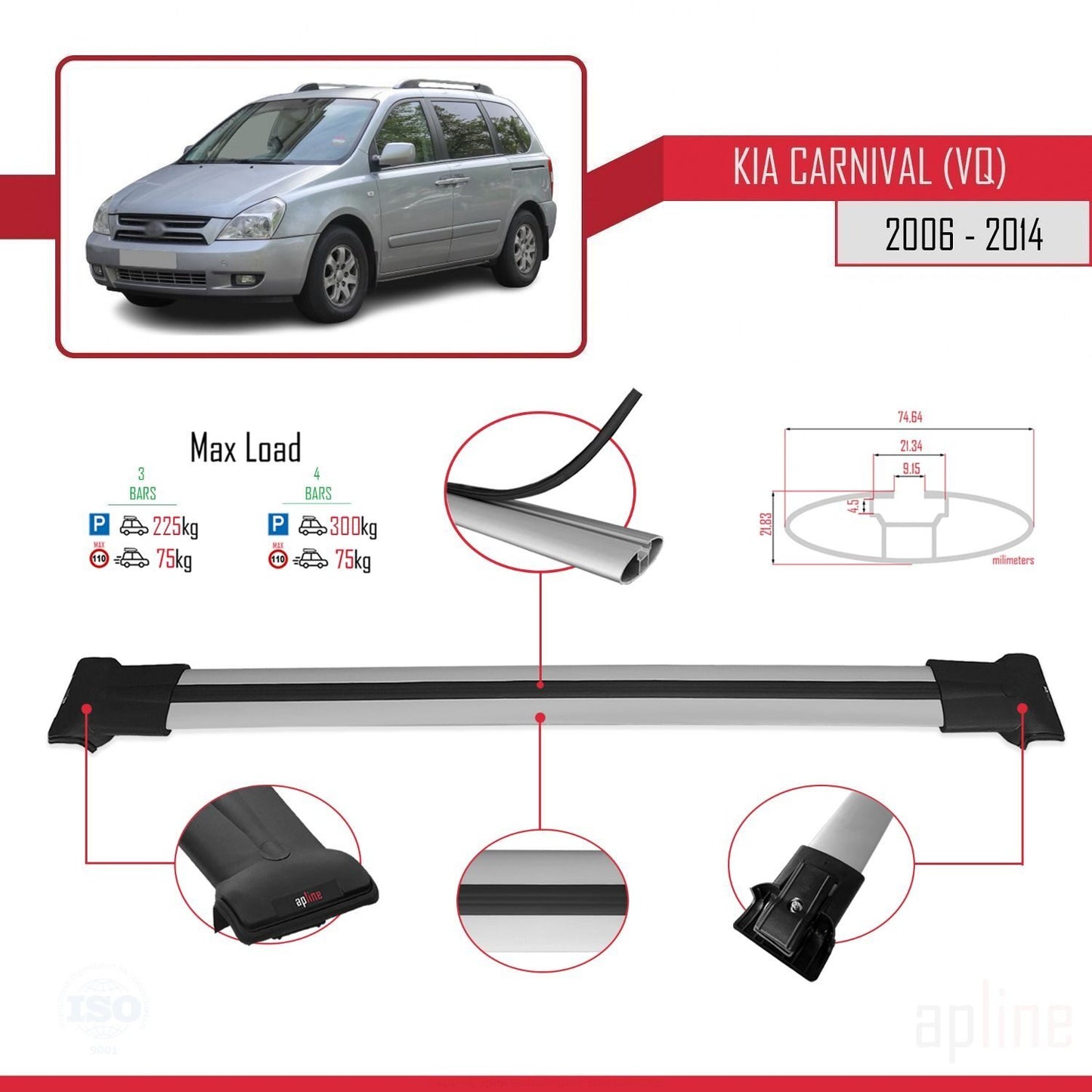 Compatible avec Kia Carnival 2 (VQ) 2006-2014 FLY Model Barres de Toit Railing Porte-Bagages de Voiture Gris Aluminium 3 Barres